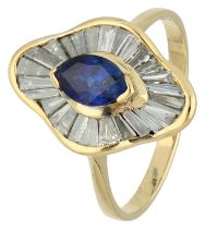 No Reserve - 18K Yellow gold wavy entourage ring set with approx. 0.77 ct. sapphire and diamond.