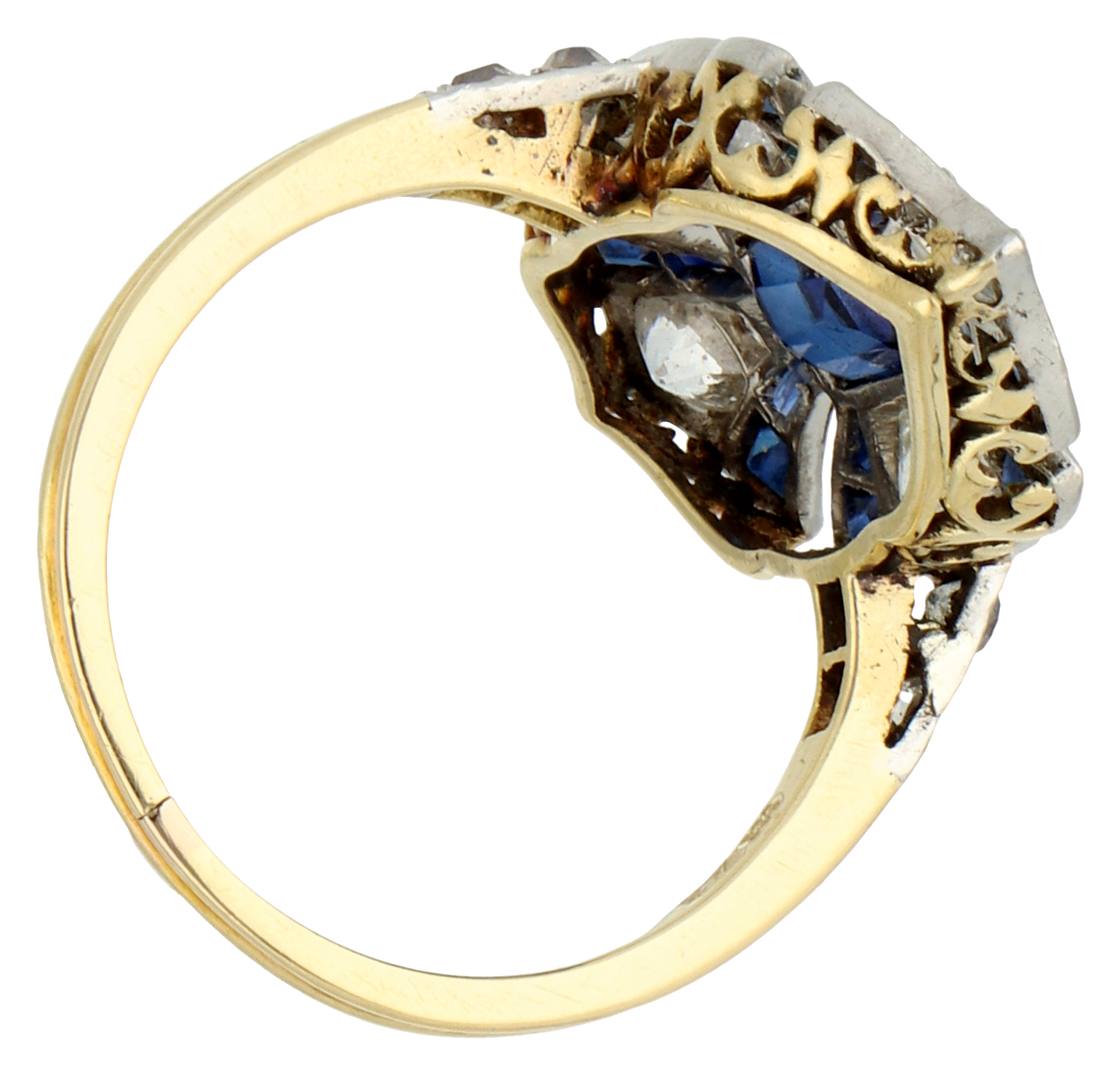 No Reserve - Gold/platinum Art Deco ring set with approx. 0.48 ct. diamond and synthetic sapphire. - Image 2 of 3