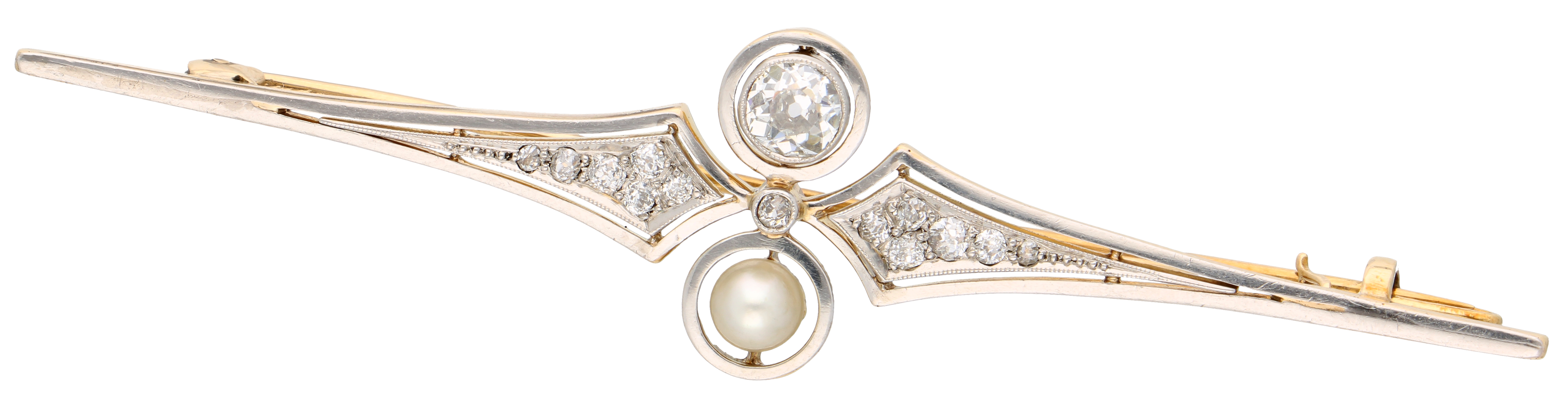 No Reserve - 14K Bicolor gold Art Deco bar brooch set with approx. 0.60 ct. diamond and cultivé pear