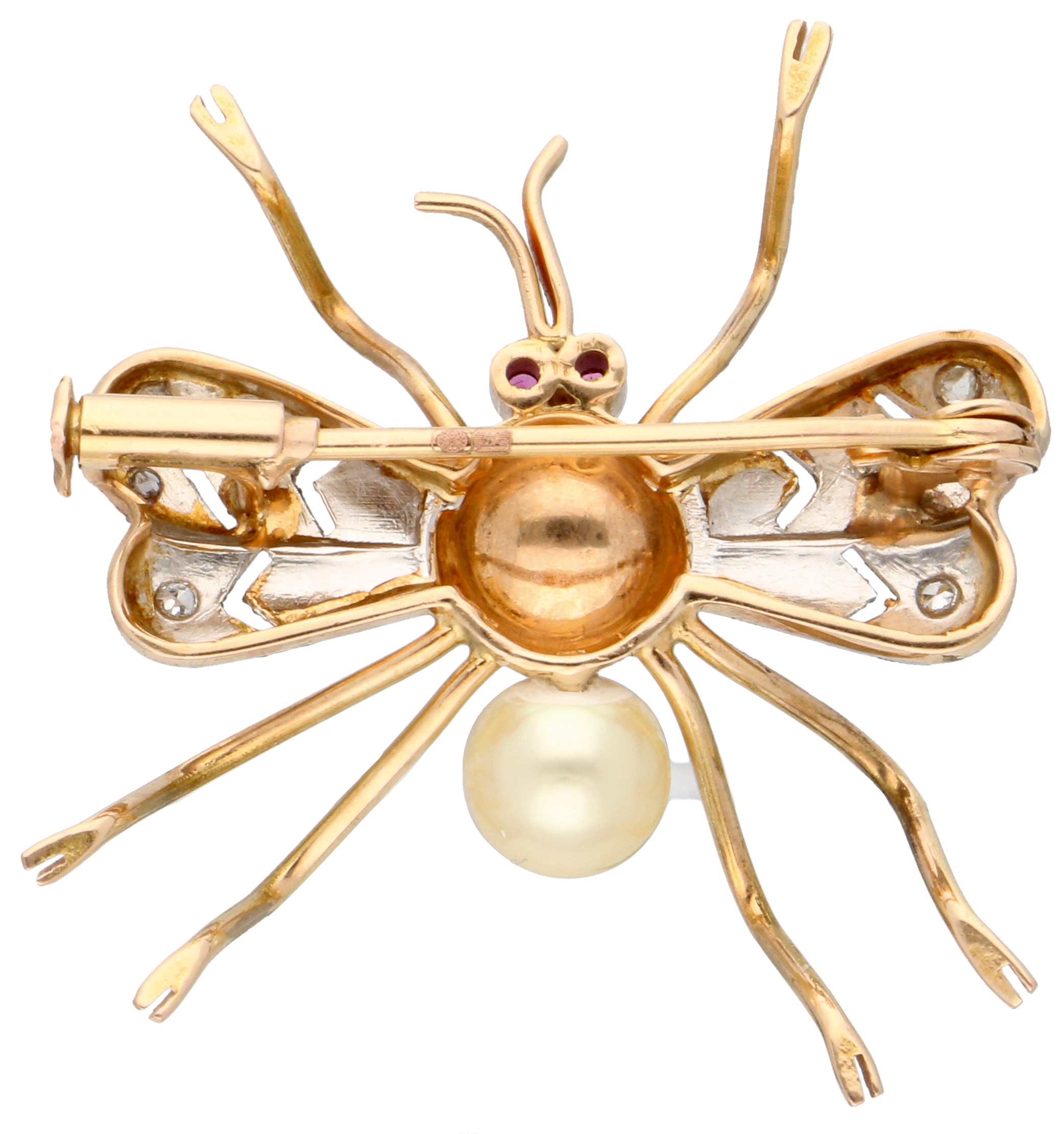 No Reserve - 14K Yellow gold/platinum brooch of an insect set with pearl, diamond and ruby. - Image 2 of 2