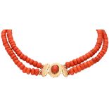 No Reserve - 14K Yellow gold two-row coral necklace.