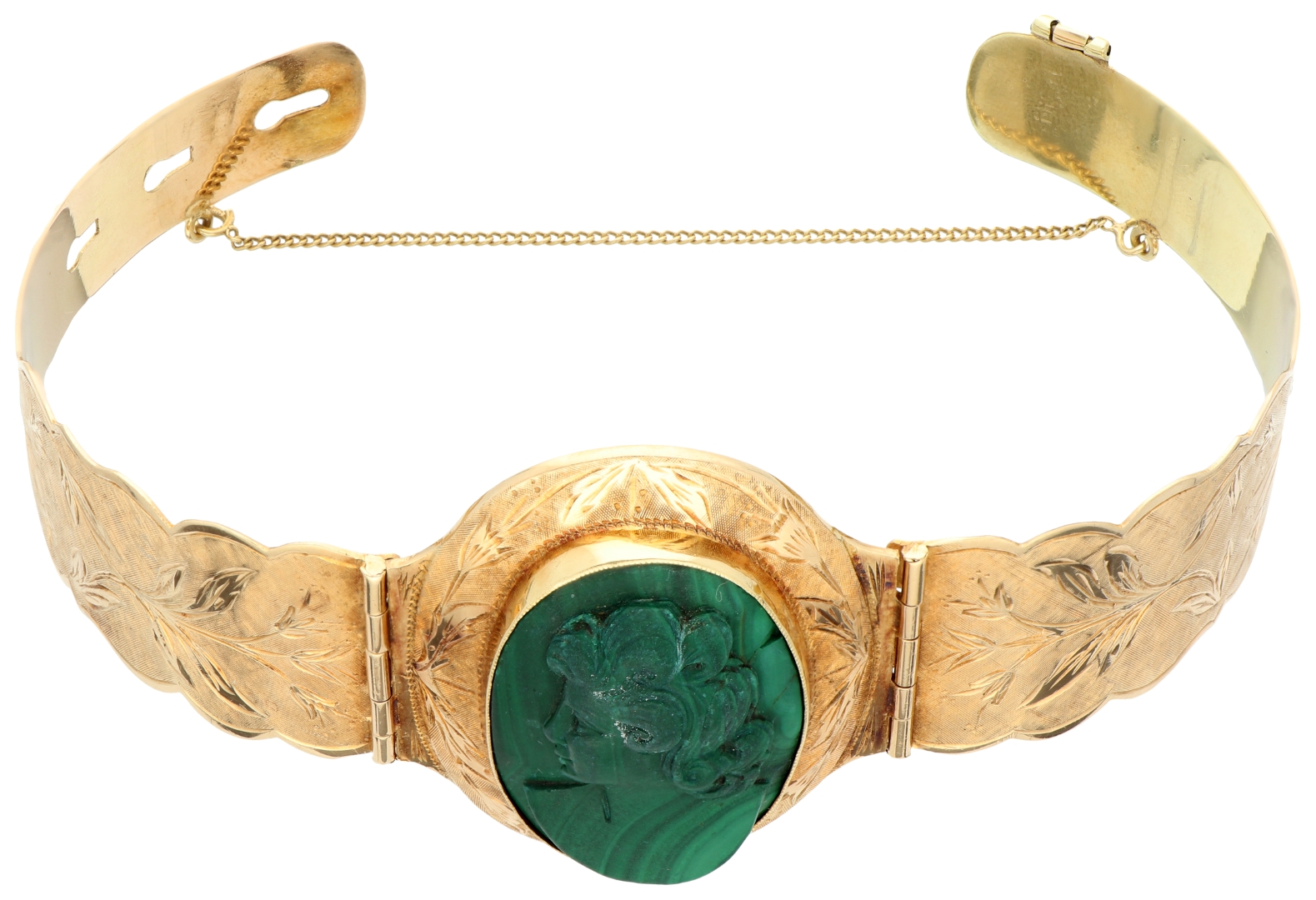 No Reserve - 14K Yellow Gold adjustable bangle bracelet with carved malachite. - Image 3 of 4