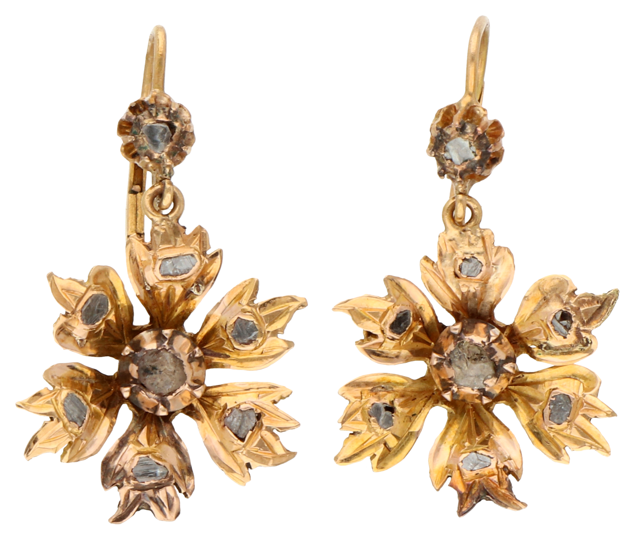 No Reserve - 14K Yellow Gold antique dormeuse earrings depicting a flower set with rose cut diamonds