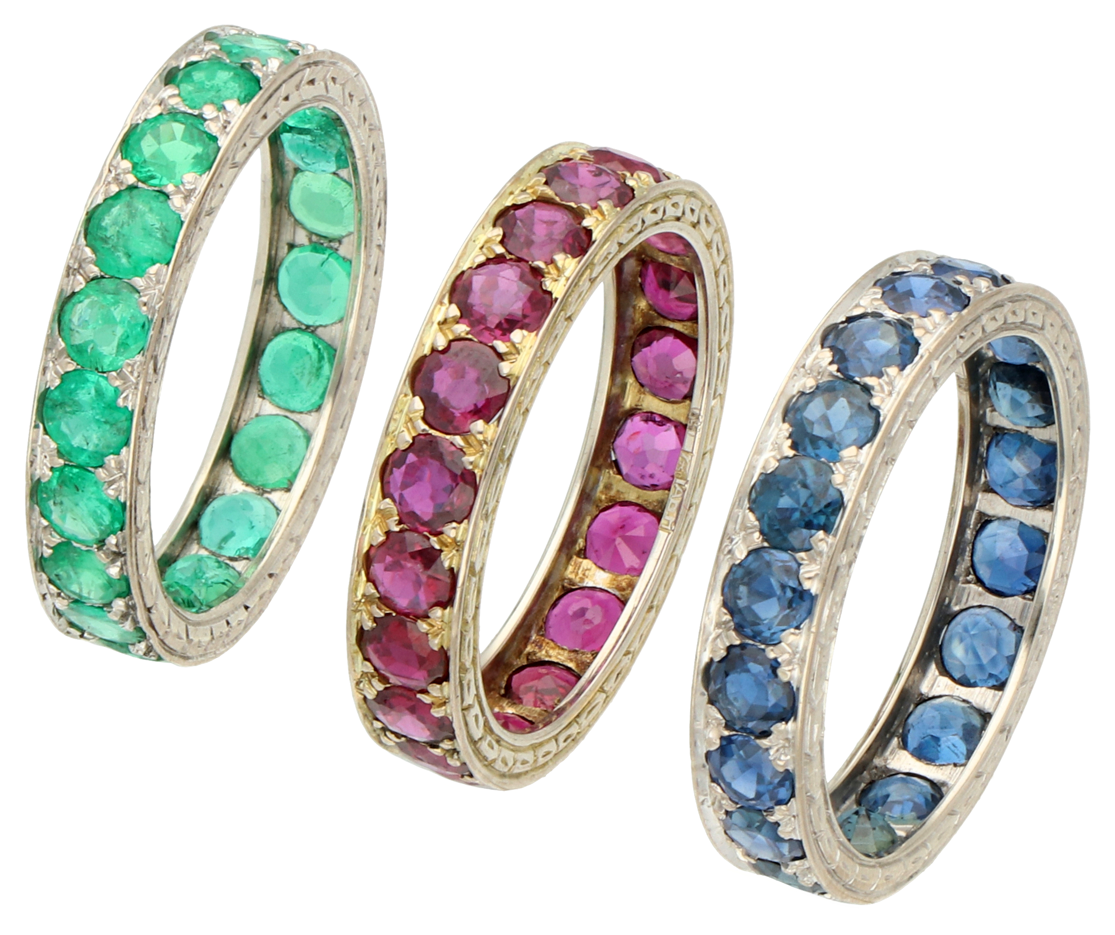 No Reserve - Three 18K white gold alliance stacking rings set with ruby, sapphire and emerald.