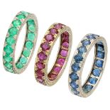 No Reserve - Three 18K white gold alliance stacking rings set with ruby, sapphire and emerald.