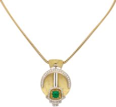 No Reserve - Helga Kordt 18K yellow gold pendant on necklace set with emerald and diamonds.