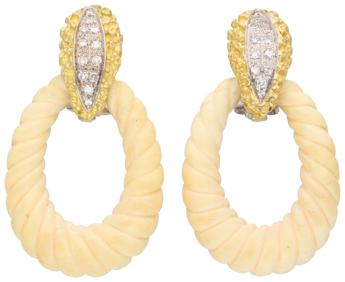 No Reserve - 18K Bicolor gold multifunctional stud earrings with diamond and horn pendants