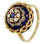 No Reserve - 14K Yellow gold blue enamel ring with diamond in white gold, sapphire and faux pearl.