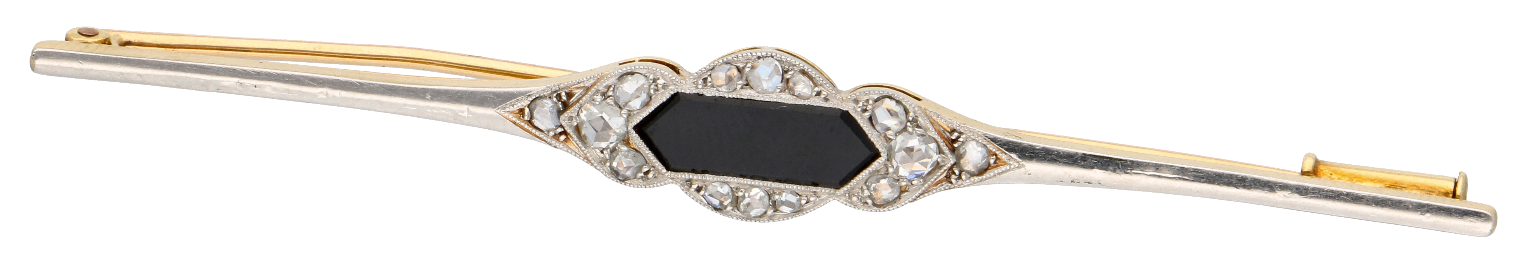 No Reserve - 14K Bicolor gold vintage brooch set with rose cut diamonds and onyx.