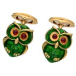 No Reserve - 18K Yellow Gold Van Esser cufflinks of owls with natural ruby.