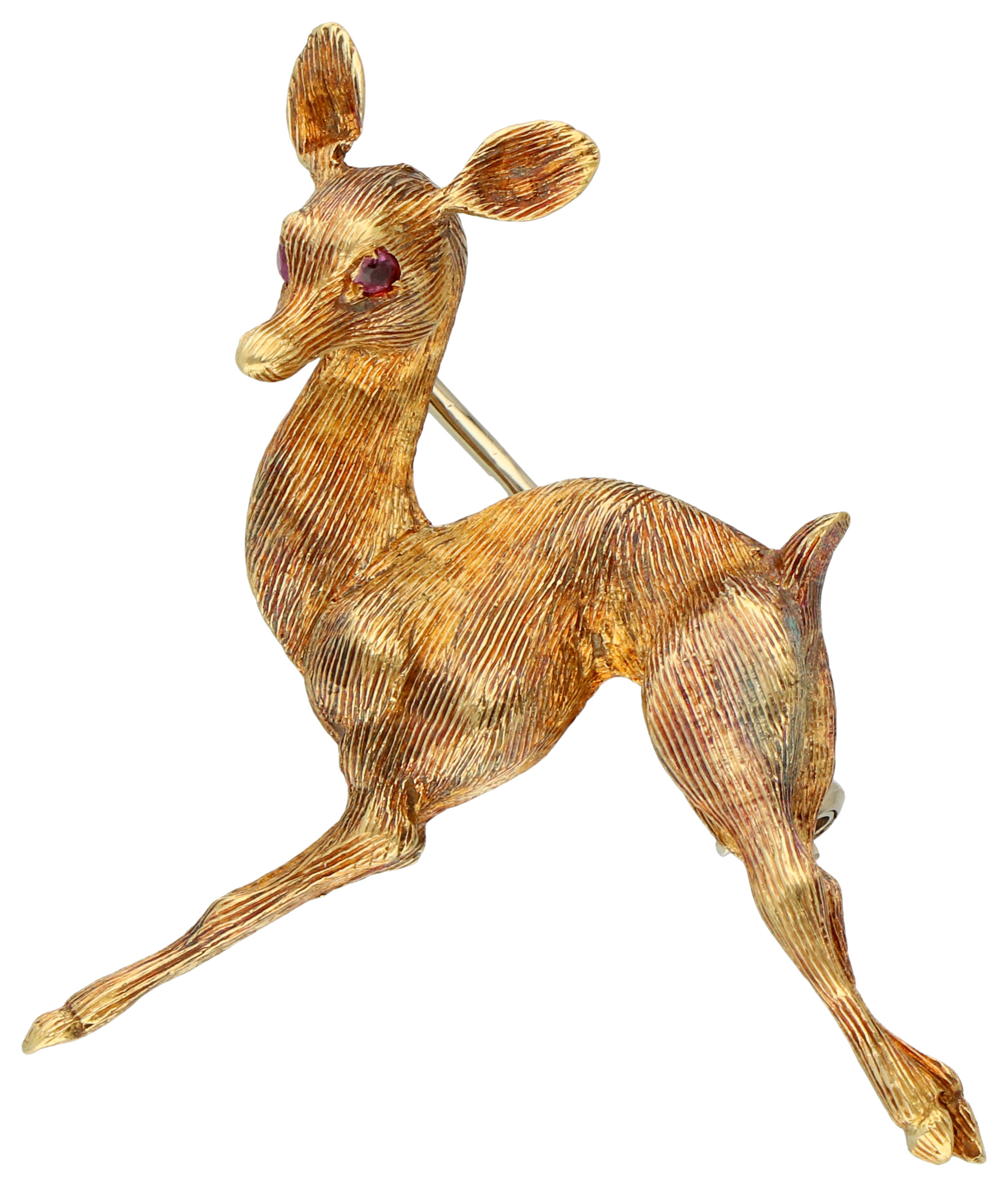 No Reserve - 18K Yellow Gold brooch of a deer with pink stone.