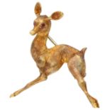 No Reserve - 18K Yellow Gold brooch of a deer with pink stone.