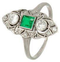 No Reserve - Gold/platinum Art Deco marquise ring set with synthetic emerald and old cut diamond.