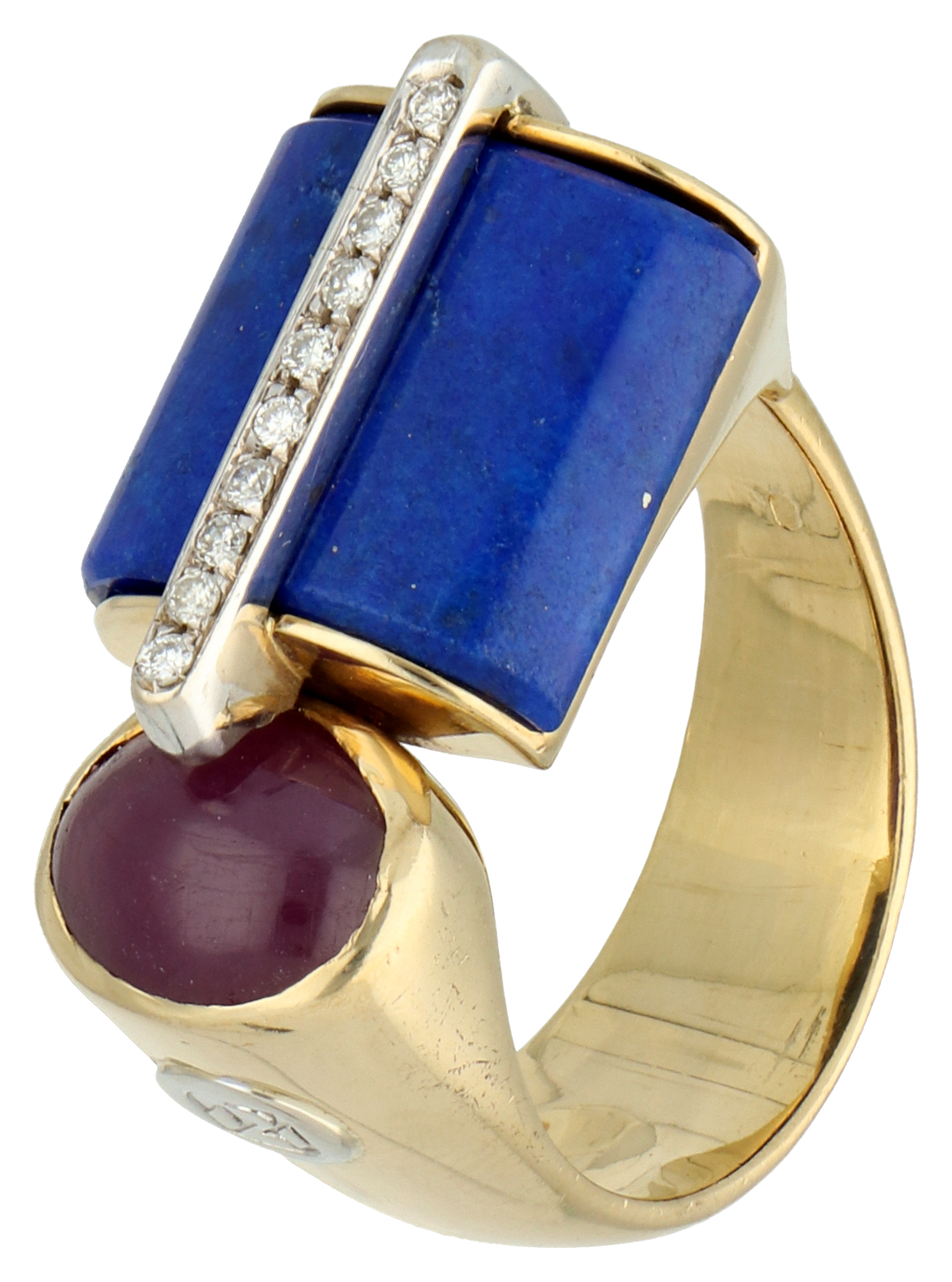 No Reserve - 18K Yellow Gold Centoventuno design ring with lapis lazuli and natural ruby.