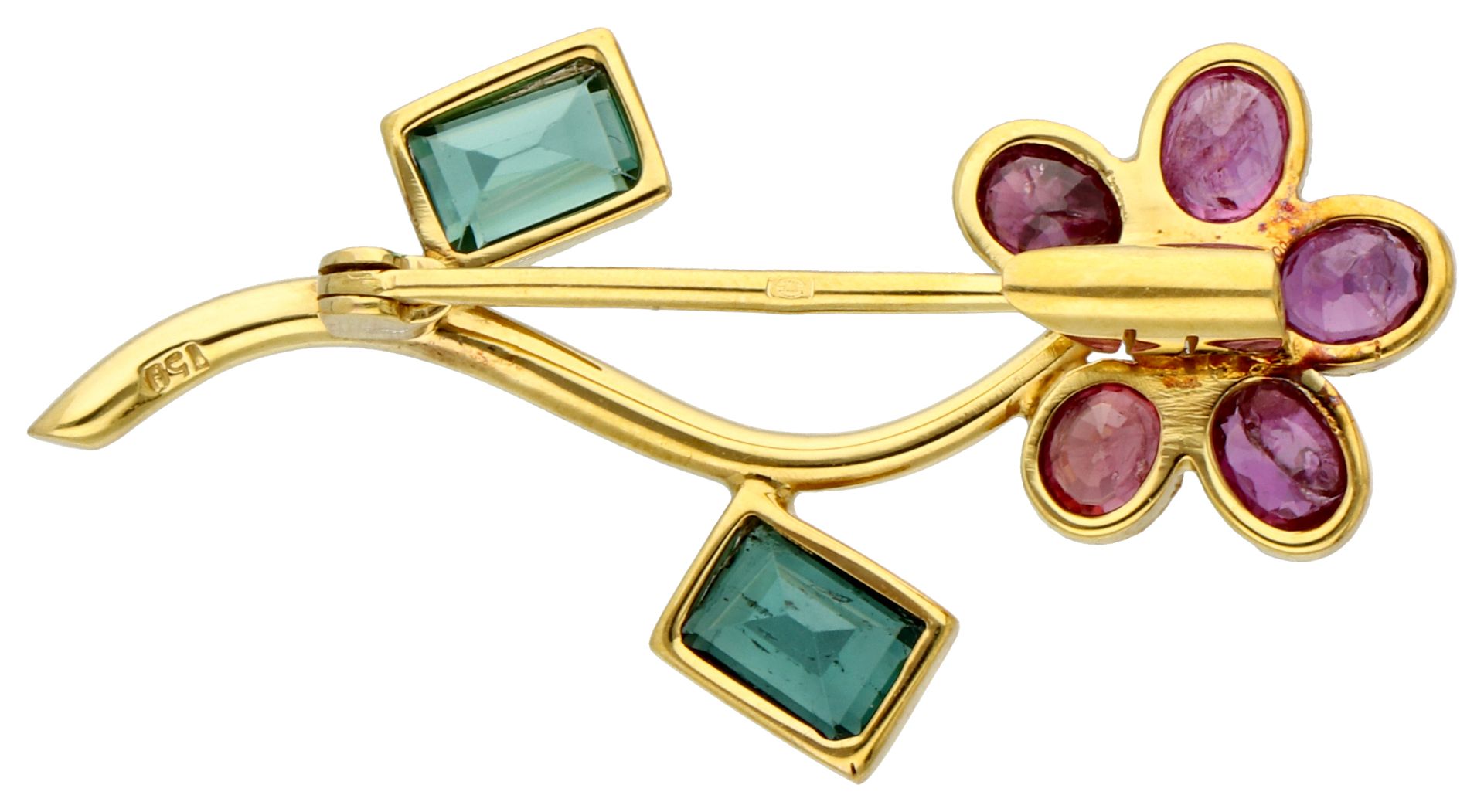 No Reserve - 14K Yellow gold flower brooch set with ruby, tourmaline and diamond. - Bild 2 aus 2