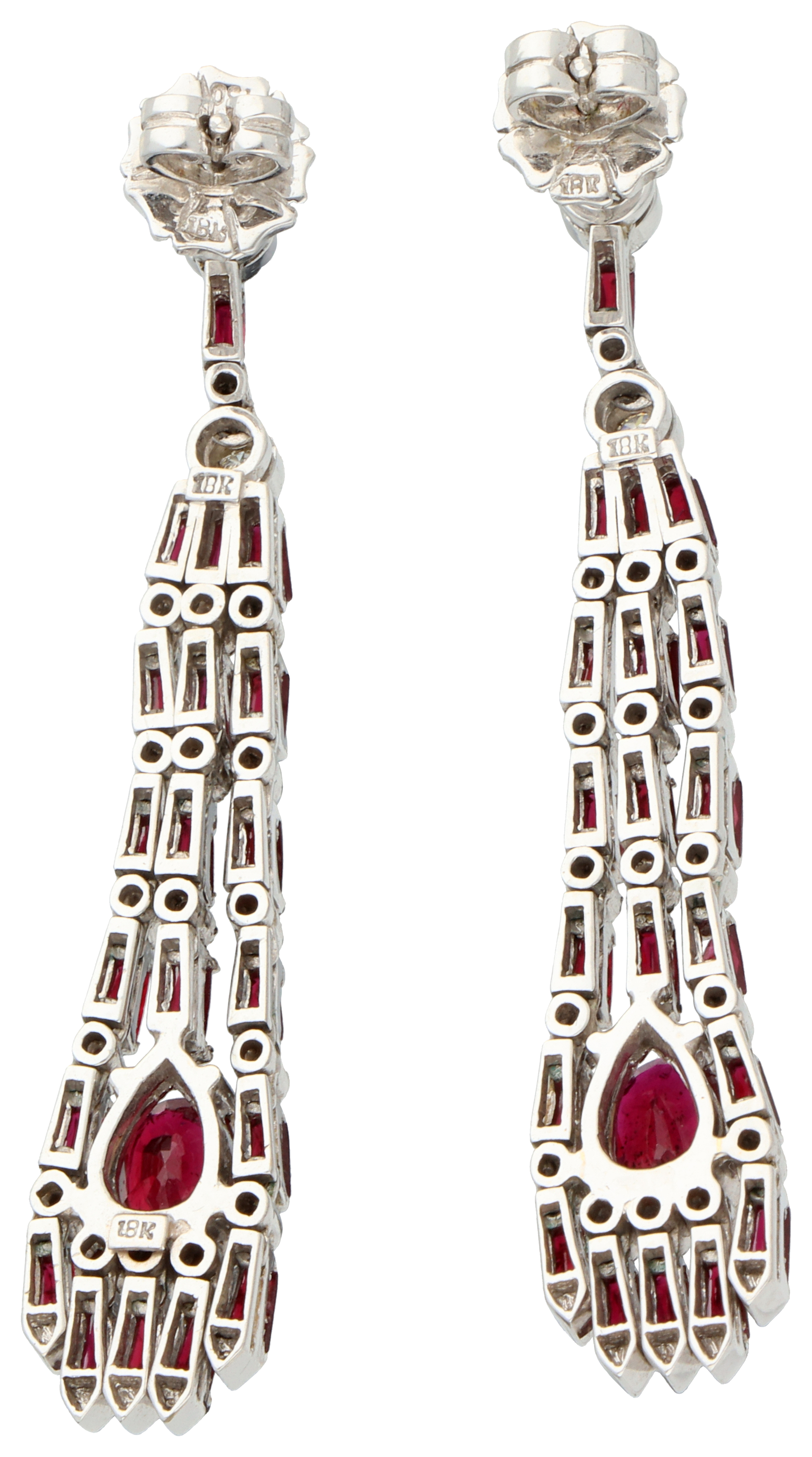 No Reserve - 18K White Gold Art Deco style earrings set with approx. 3.28 ct. natural ruby ​​and dia - Image 2 of 2