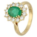 No Reserve - 18K Yellow gold cluster ring set with approx. 1.11 ct. emerald and approx. 0.60 ct. dia