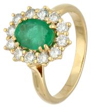 No Reserve - 18K Yellow gold cluster ring set with approx. 1.11 ct. emerald and approx. 0.60 ct. dia