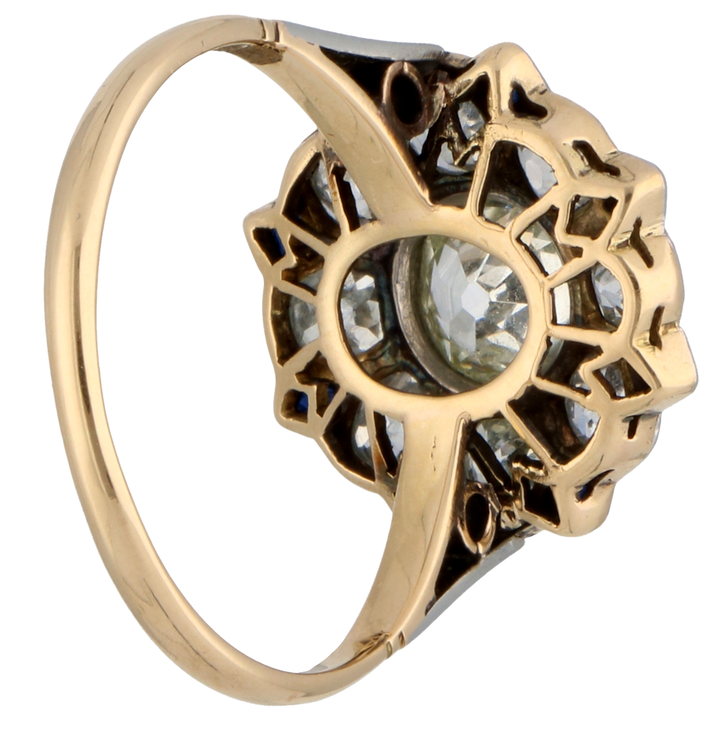 No Reserve - Yellow gold / platinum Art Deco ring with approx. 1.36 ct. diamond and synthetic sapphi - Image 2 of 2