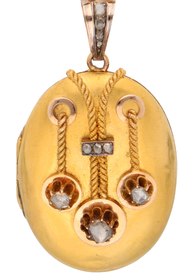 No Reserve - 18K Yellow gold antique necklace with medallion pendant set with diamonds. - Image 2 of 3