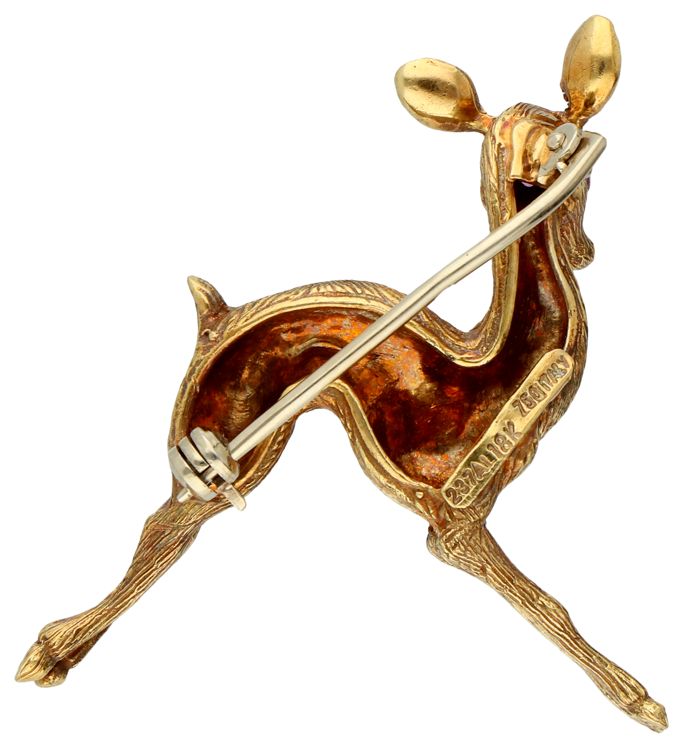 No Reserve - 18K Yellow Gold brooch of a deer with pink stone. - Image 2 of 3