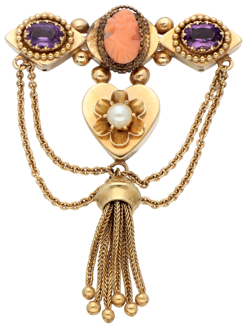 No Reserve - 12K yellow gold brooch set with red coral and cultivated pearl.