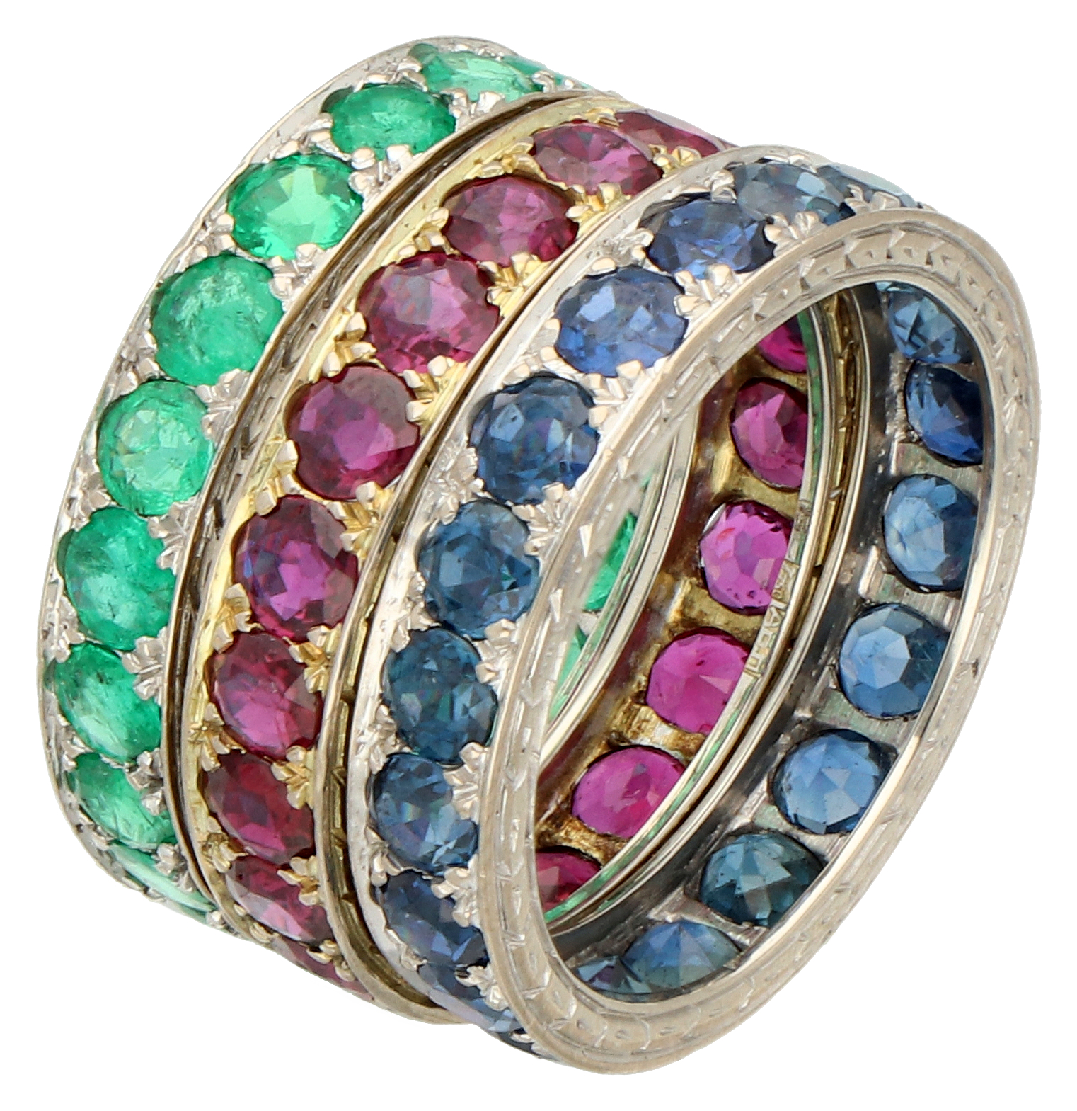 No Reserve - Three 18K white gold alliance stacking rings set with ruby, sapphire and emerald. - Bild 2 aus 2