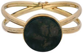 No Reserve - 14K Yellow gold bangle bracelet set with moss agate.