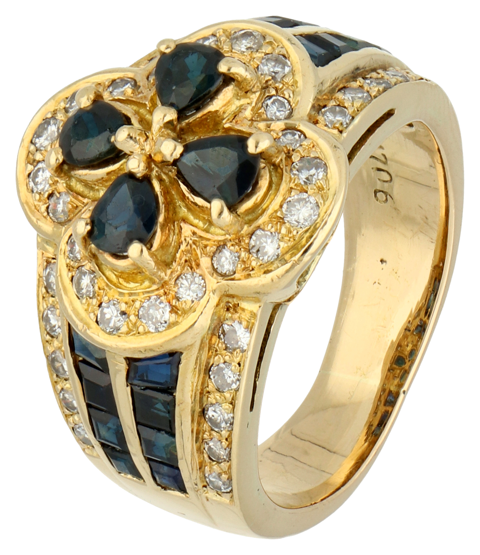 No Reserve - 18K Yellow gold ring set with approx. 0.40 ct. diamond and synthetic sapphire.