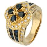 No Reserve - 18K Yellow gold ring set with approx. 0.40 ct. diamond and synthetic sapphire.