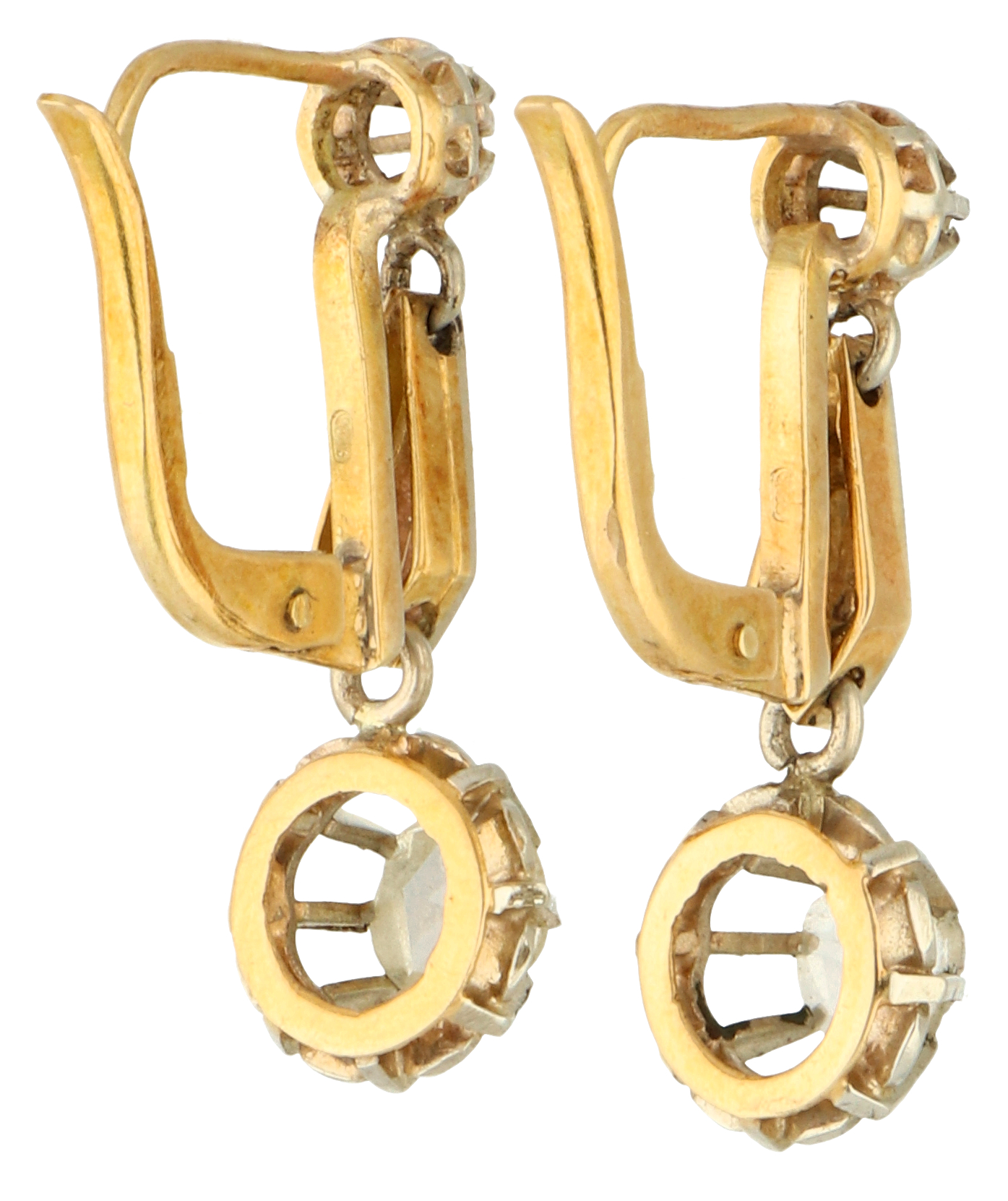 No Reserve - 18K Bicolor gold antique dormeuse earrings set with rose cut diamonds in antique prong  - Image 2 of 2