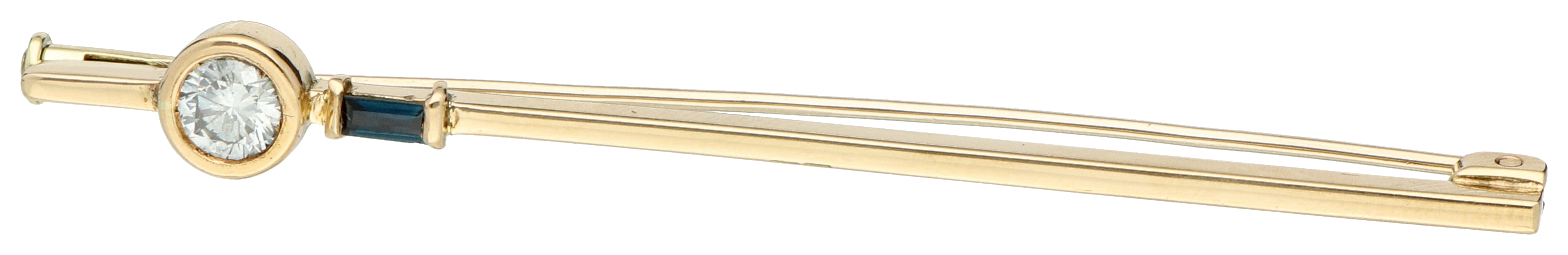 No Reserve - 14K Yellow Gold bar brooch set with approx. 0.29 ct. diamond and synthetic sapphire
