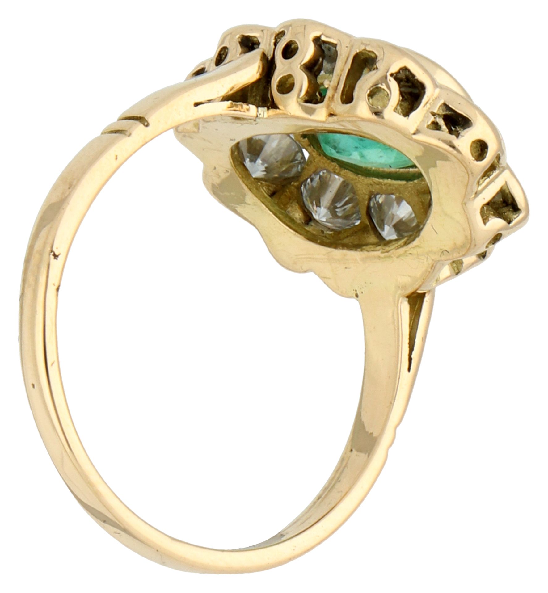 No Reserve - 18K Yellow gold entourage ring set with synthetic emerald and approx. 0.80 ct. diamond - Bild 2 aus 2