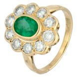 No Reserve - 18K Yellow gold entourage ring set with synthetic emerald and approx. 0.80 ct. diamond