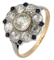 No Reserve - Yellow gold / platinum Art Deco ring with approx. 1.36 ct. diamond and synthetic sapphi