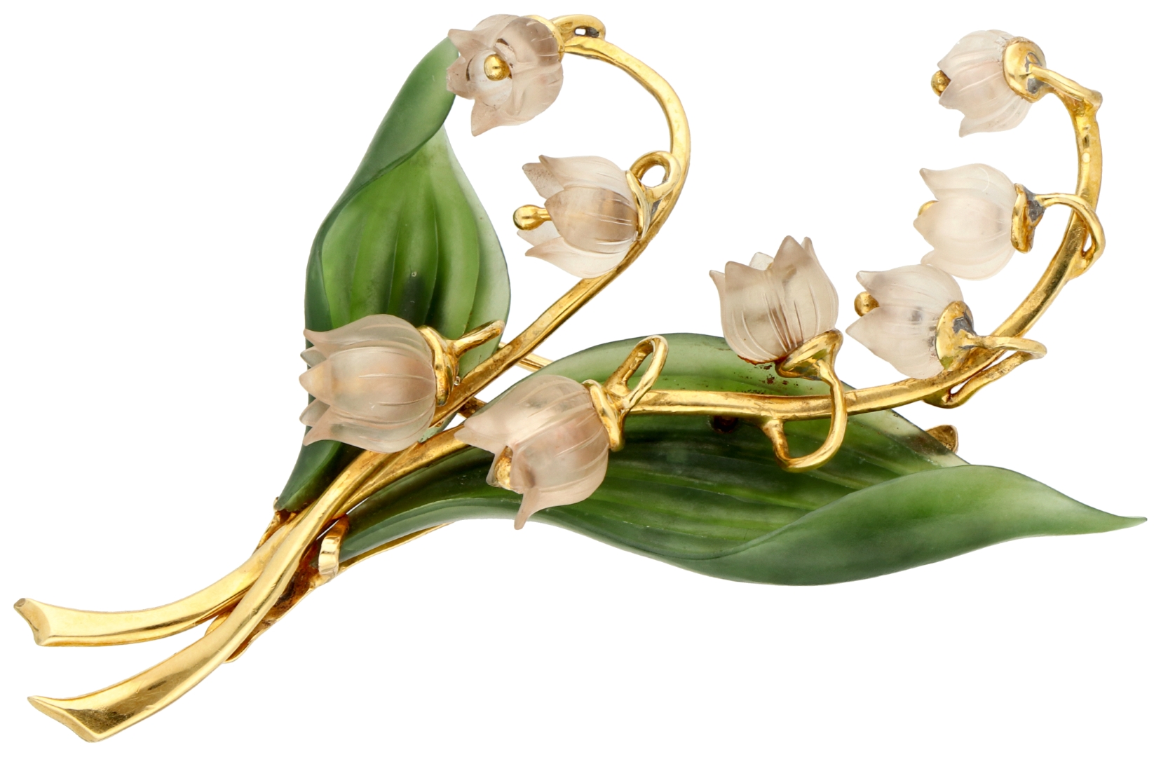 No Reserve - 18K Yellow gold Lily of the Valley brooch of carved jadeite and rose quartz