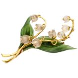 No Reserve - 18K Yellow gold Lily of the Valley brooch of carved jadeite and rose quartz