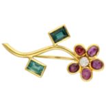 No Reserve - 14K Yellow gold flower brooch set with ruby, tourmaline and diamond.
