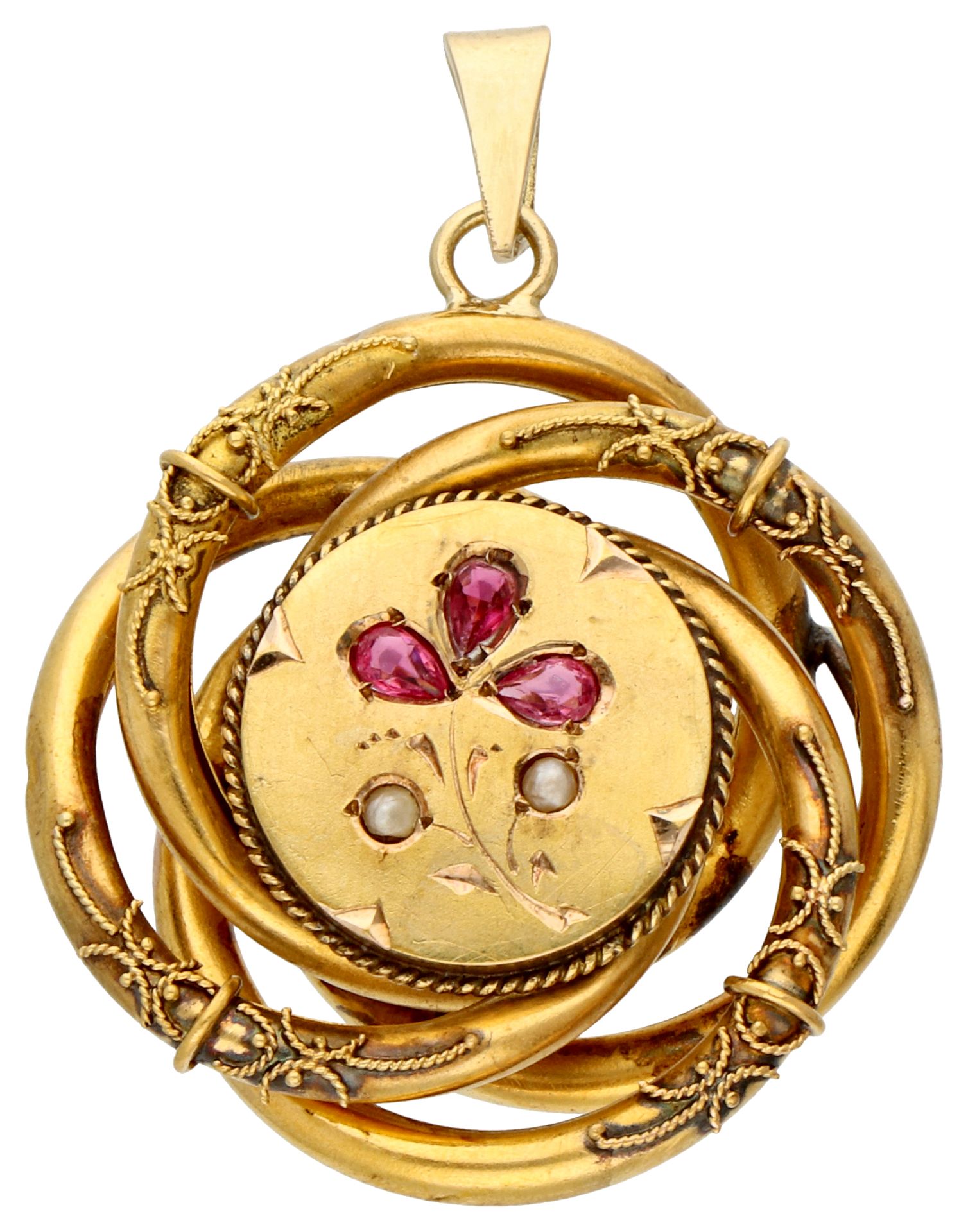 No Reserve - 14K Yellow gold antique pendant set with coloured stones and imitation seed pearls.