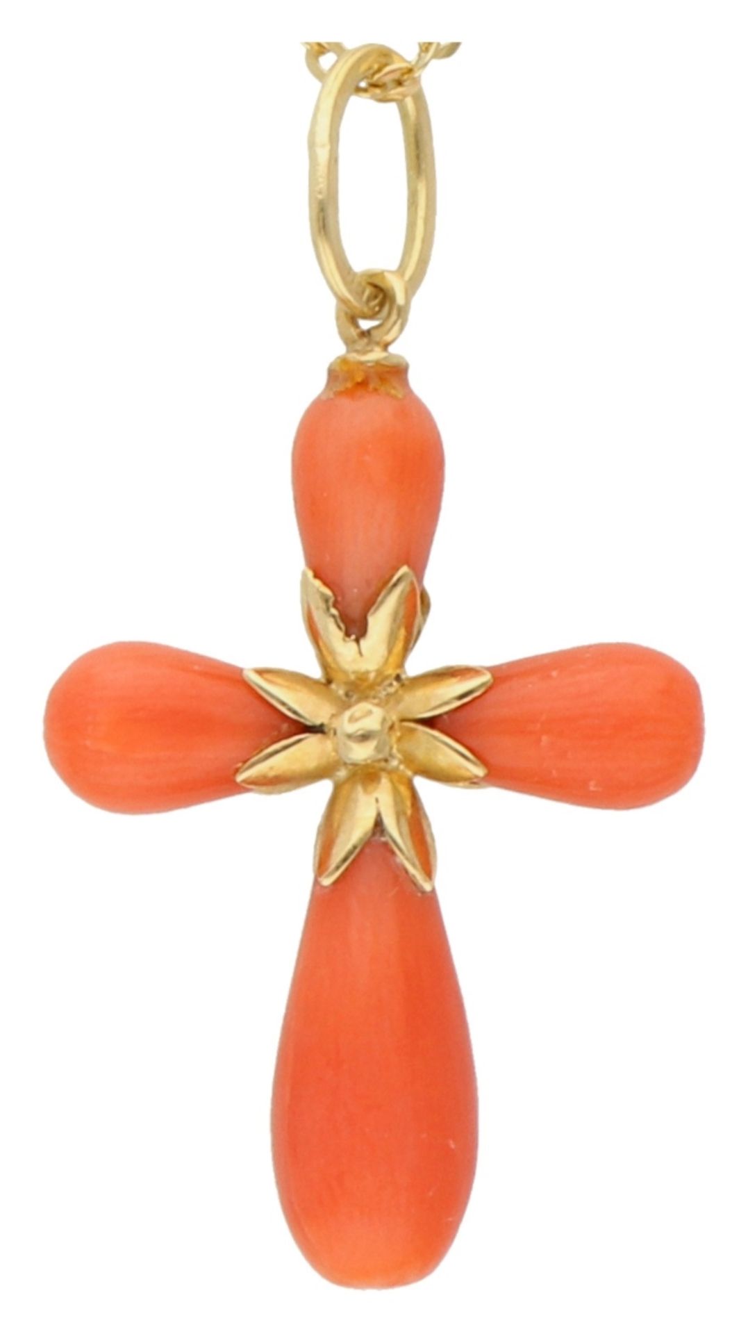 No Reserve - 14K Yellow gold red coral cross on necklace. - Image 2 of 3