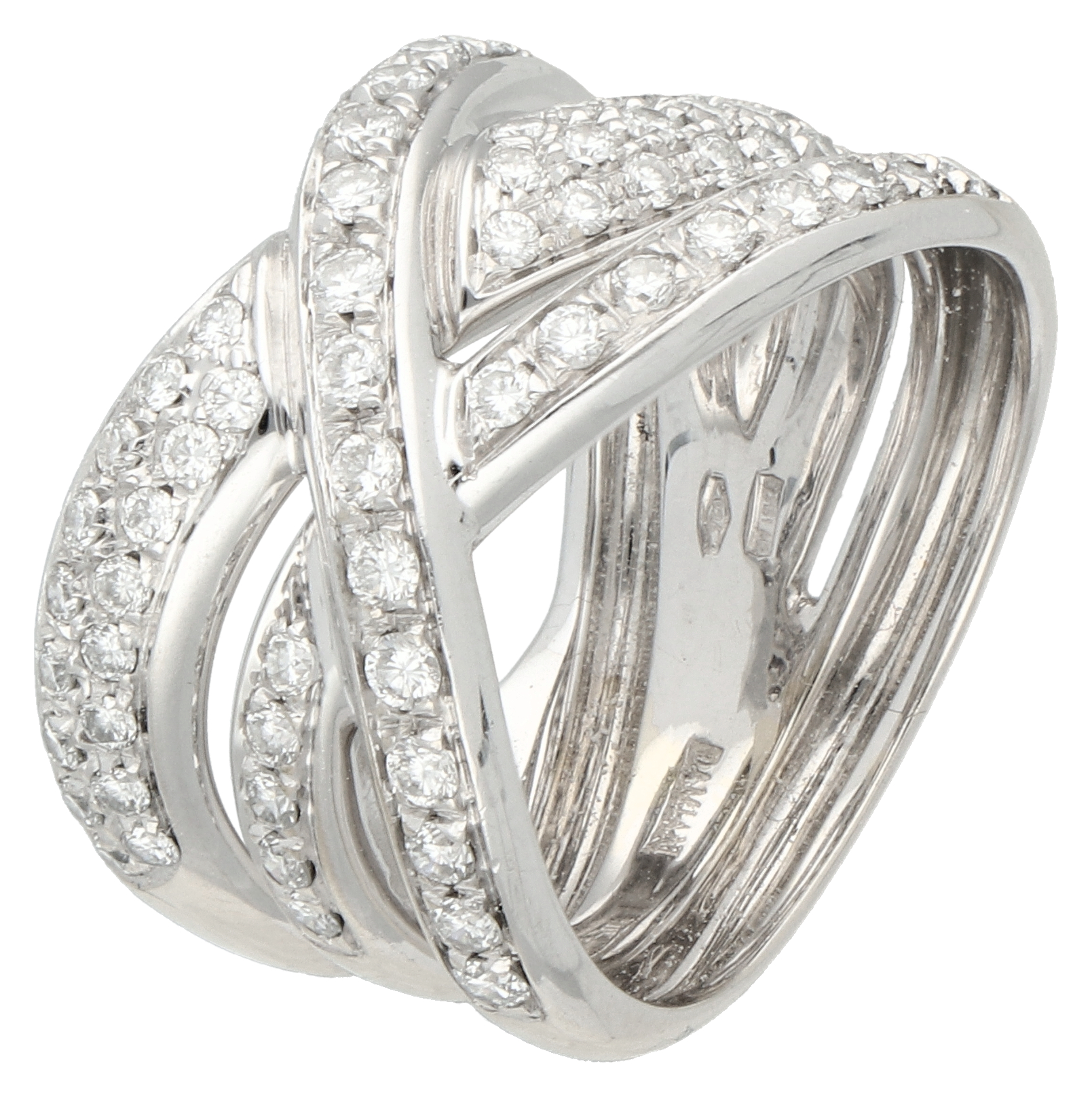 No Reserve - Damiani 18K white gold crossover ring set with diamonds.