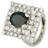 No Reserve - 18K White gold entourage ring set with approx. 3.68 ct. natural green sapphire and diam