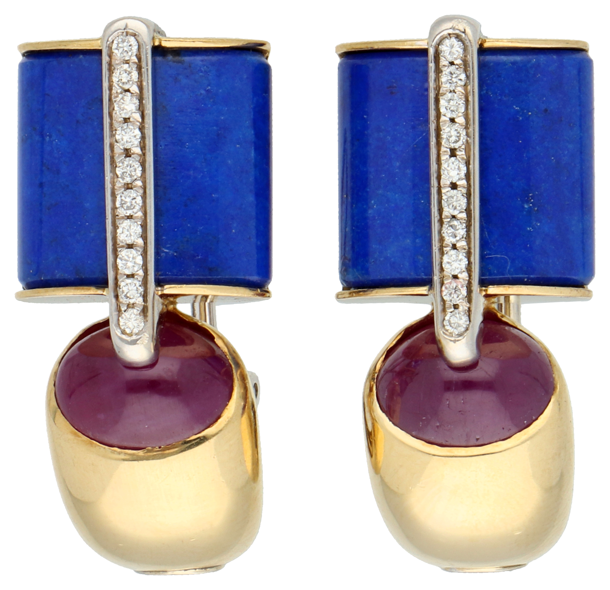 No Reserve - 18K Yellow gold Centoventuno design stud earrings with lapis lazuli and ruby.