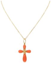 No Reserve - 14K Yellow gold red coral cross on necklace.