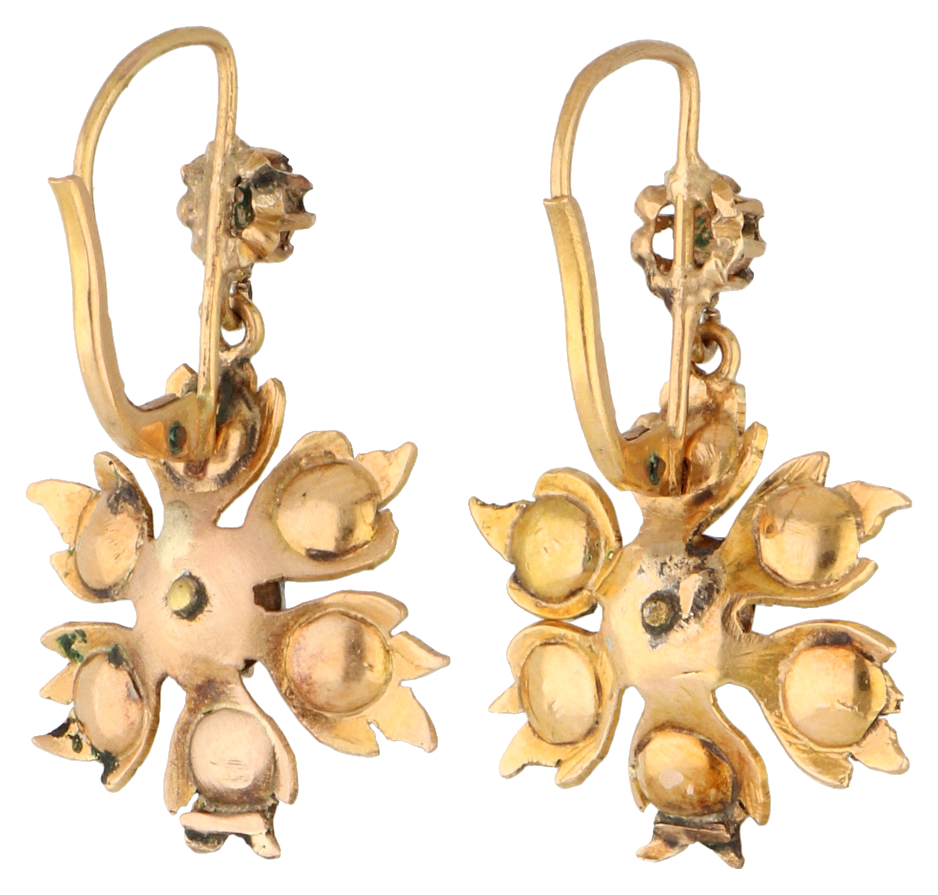 No Reserve - 14K Yellow Gold antique dormeuse earrings depicting a flower set with rose cut diamonds - Image 2 of 2