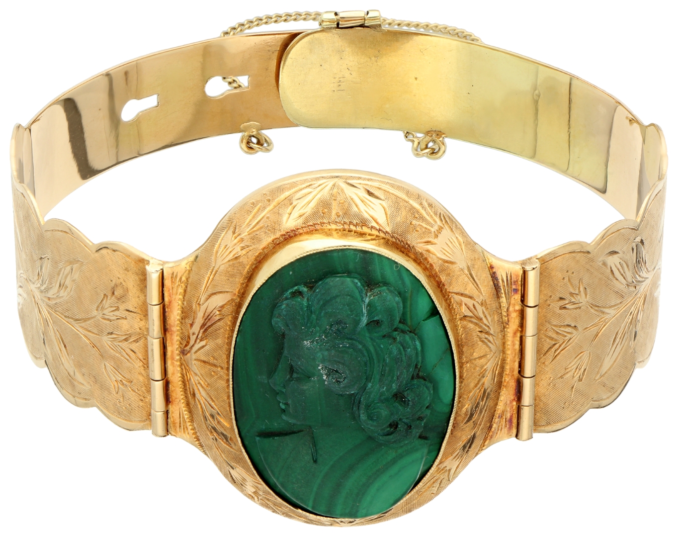 No Reserve - 14K Yellow Gold adjustable bangle bracelet with carved malachite.
