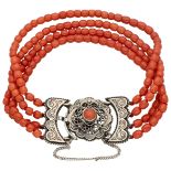 No Reserve - Four-row red coral bracelet with silver clasp.