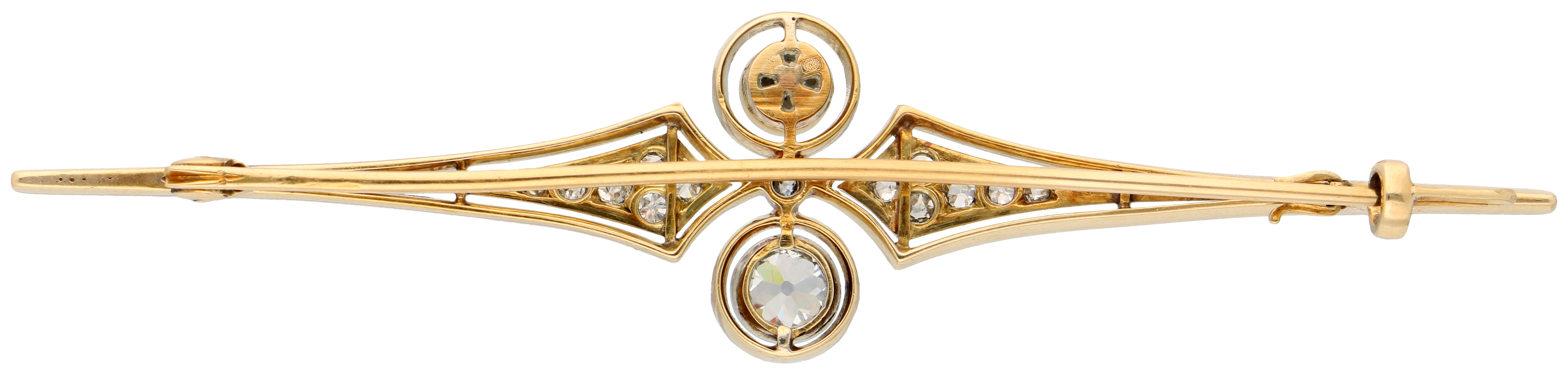 No Reserve - 14K Bicolor gold Art Deco bar brooch set with approx. 0.60 ct. diamond and cultivé pear - Image 3 of 3