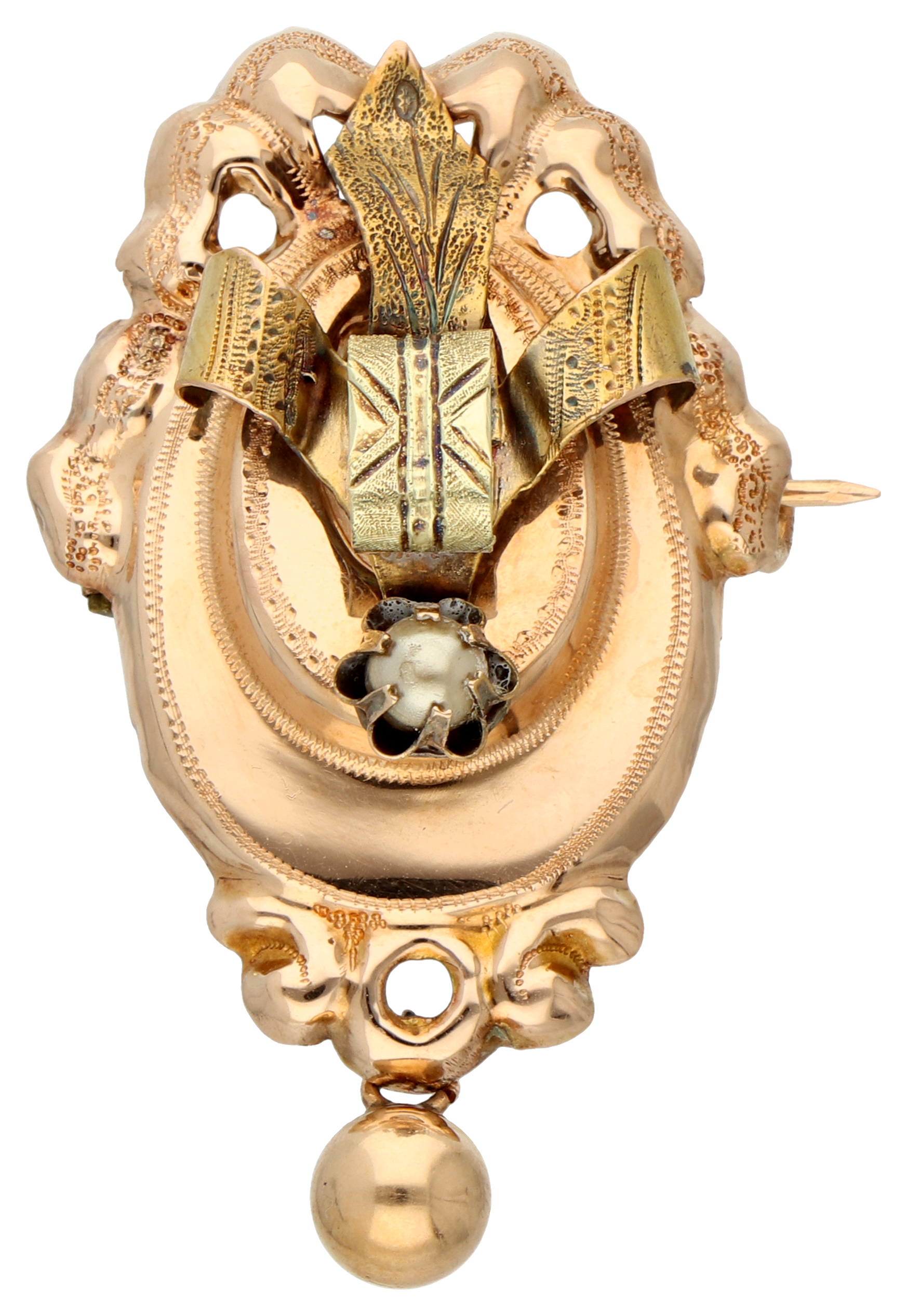 No Reserve - 14K Rose gold antique brooch with yellow gold details and an imitation pearl.