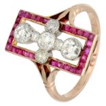 No Reserve - 14K Rose Gold Art Deco ring set with approx. 0.71 ct. diamond and synthetic ruby.